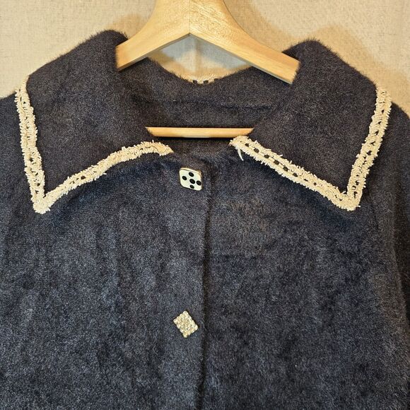 Black Knit Jacket With Contrast Ivory Trim Mixed Buttons Soft Fuzzy Small - Picture 2 of 8